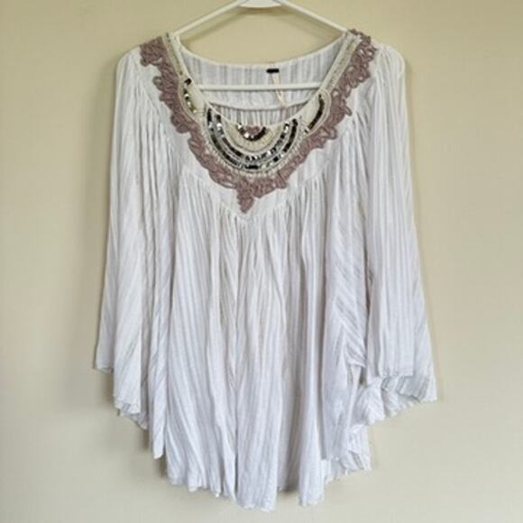 Free People Tops - Free People Star Gazer White Gauze Top Beaded Sequin Boho Kimono Sleeve XS Small
